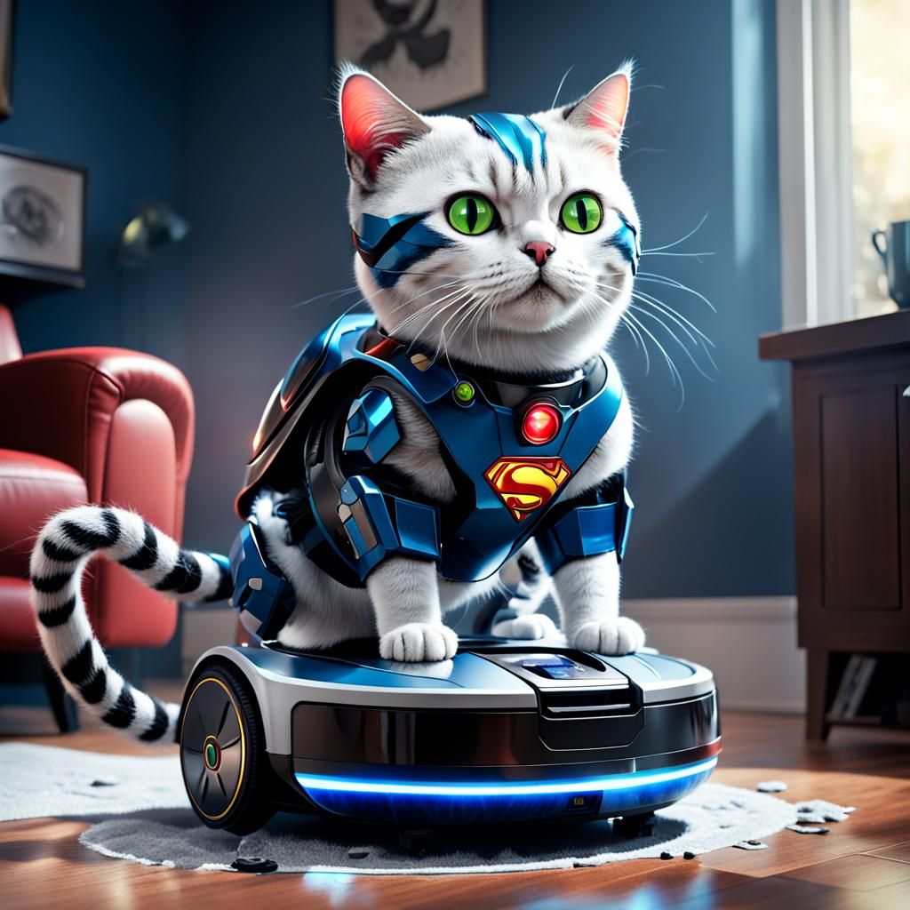 Superhero Cat Rides Robot Vacuum: Detailed Matte Painting