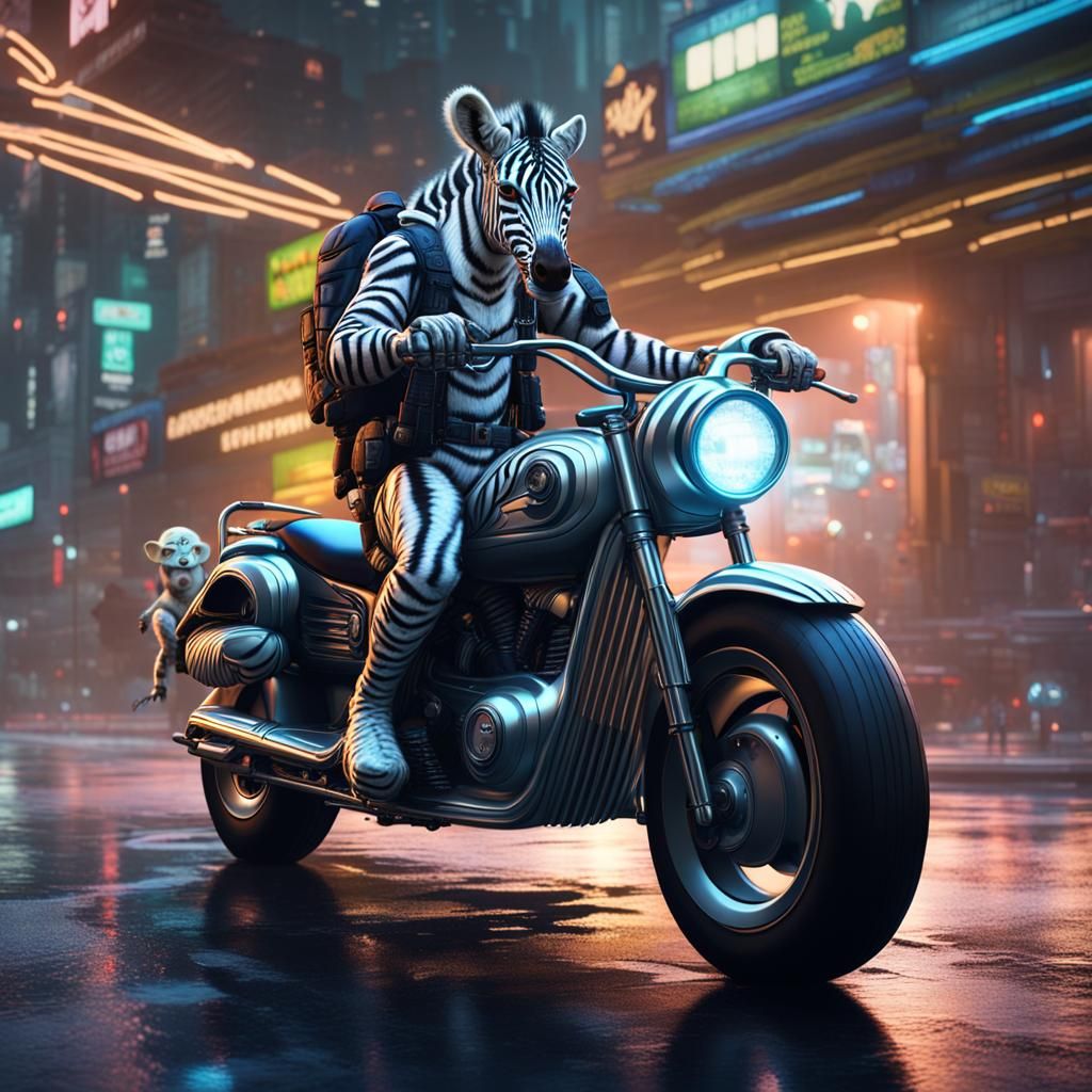Zebra Biker Gang on Futuristic Motorcycle