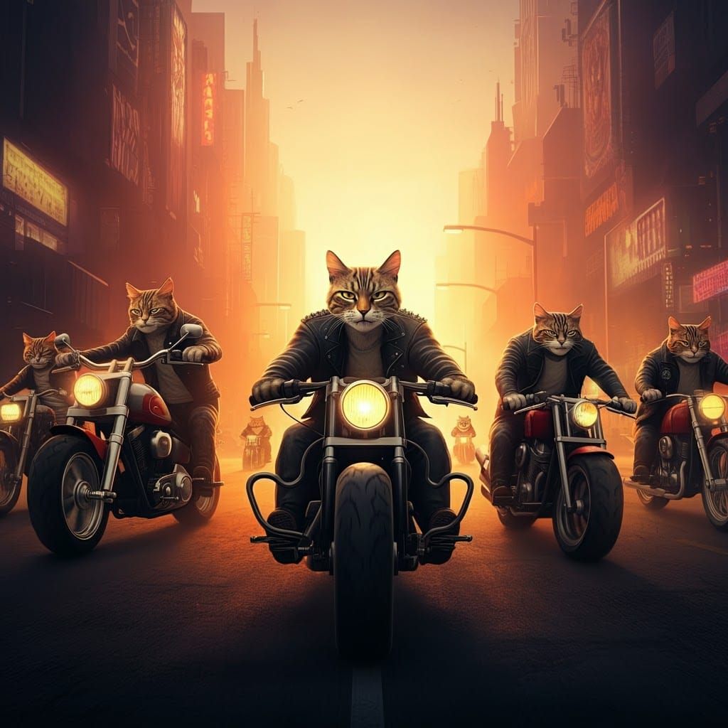 Feline Biker Gang in Metropolis: Pixar-Style 3D Art