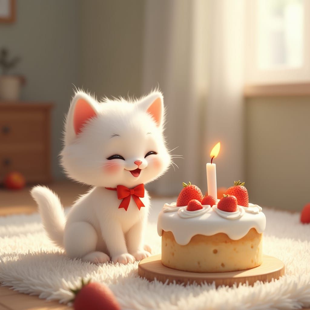 Whimsical 3D Kitten Surrounded by Cozy Cake