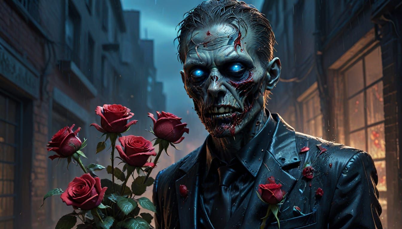 Zombie in Alleyway with Roses: Photorealistic Concept Art