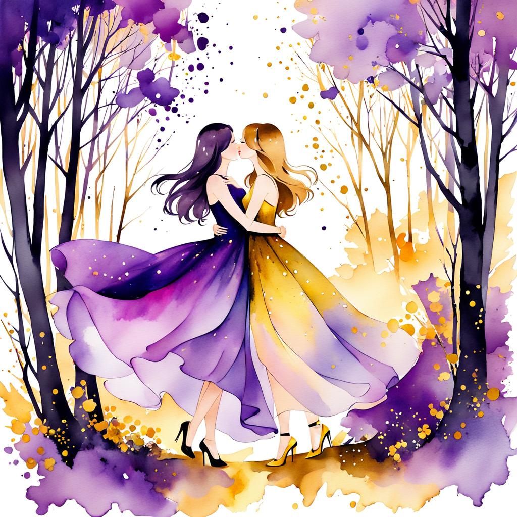 Girls Kissing in Woods: Abstract Watercolor Art