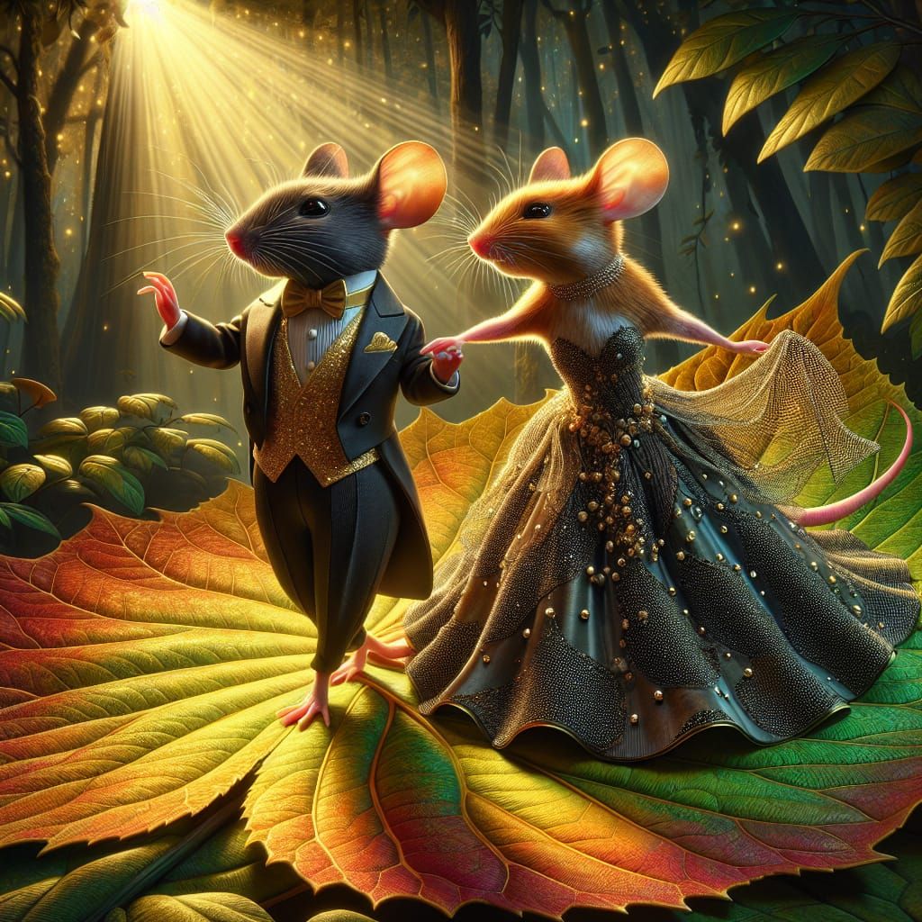 Mice in Elegant Tuxedos Dance on Radiant Tree Leaf