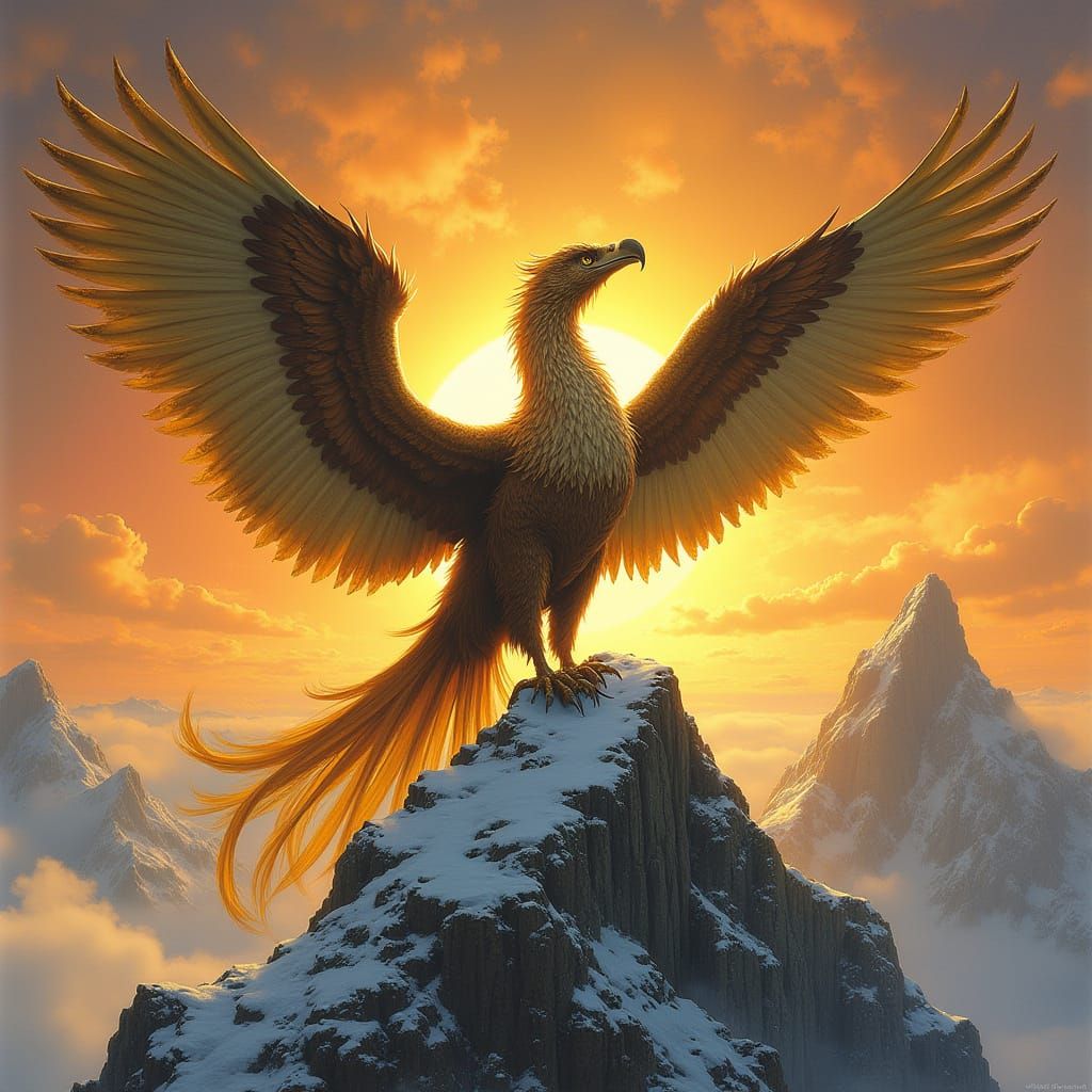 Golden Griffin on Snow Mountain Peak at Sunset