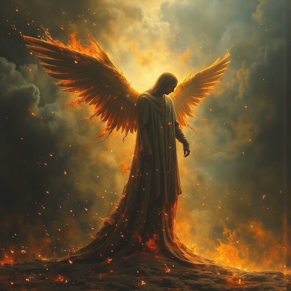 Mystical Angel in Flaming Robes, Dark Oil Paint