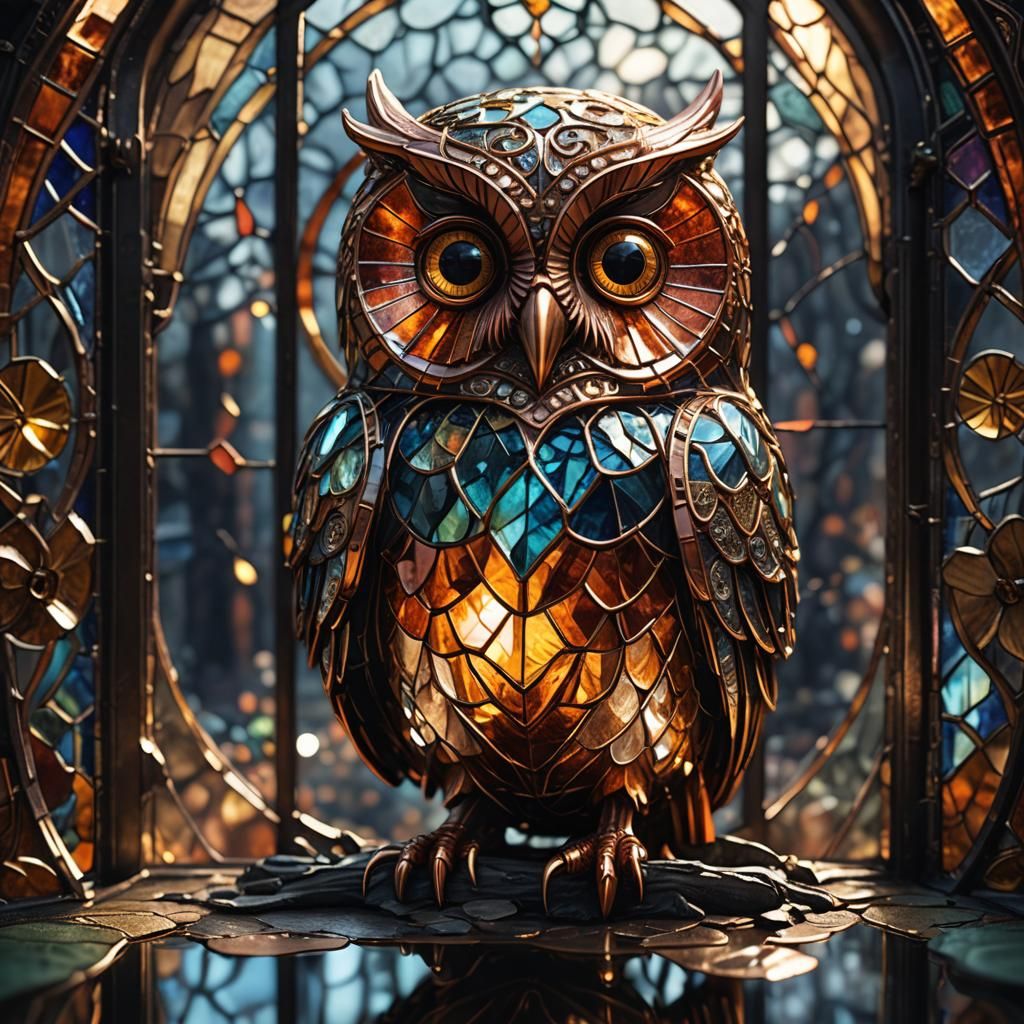 Luminous Stained Glass Owl in Sunlight