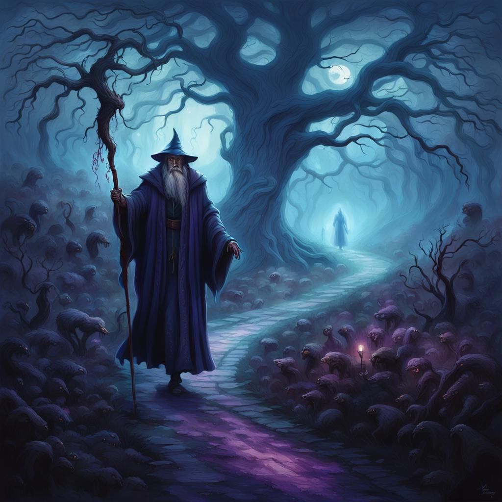 Eerie Wizard in Misty Meadow: Sinister Fantasy Art