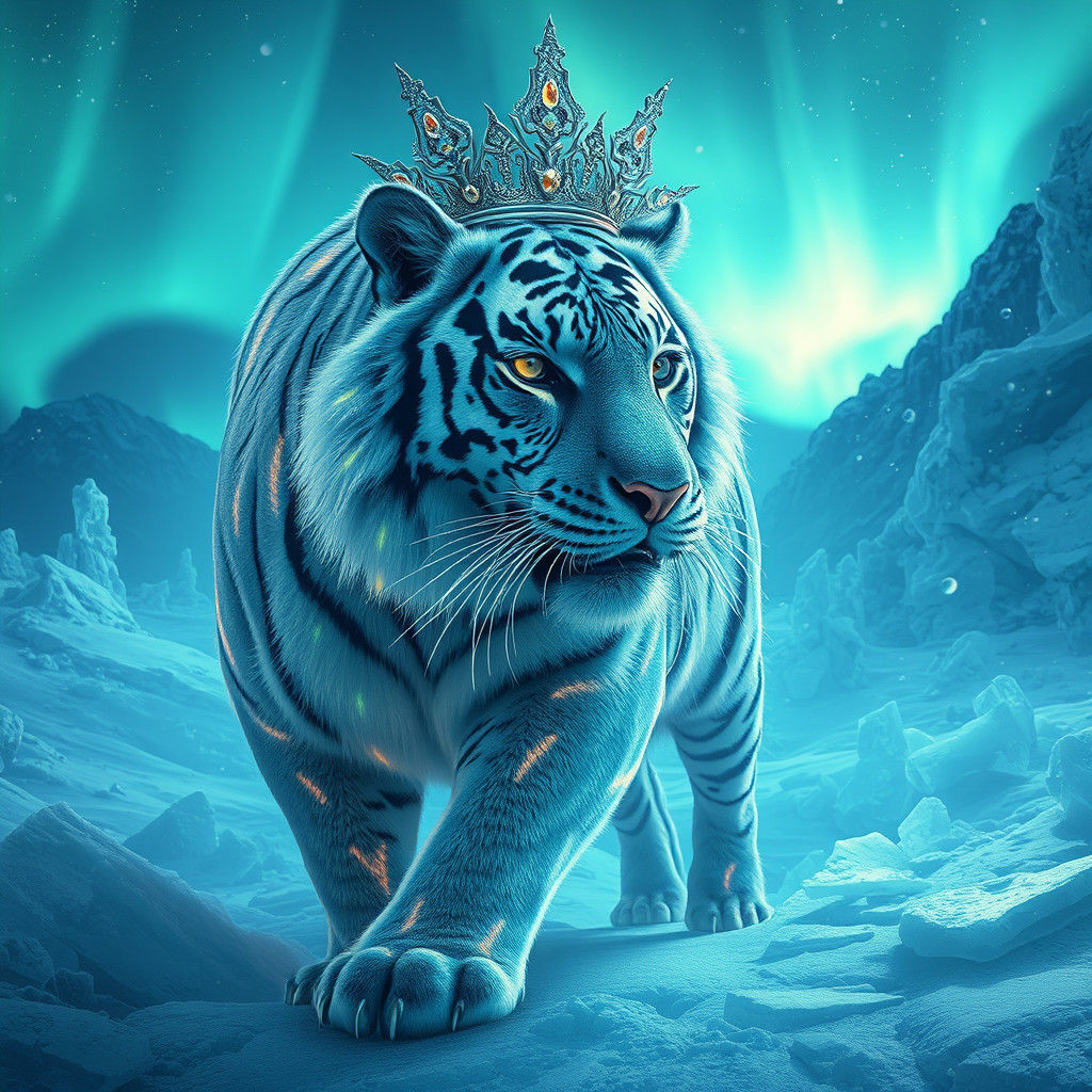 Ice Tiger in Frozen Aurora Landscape