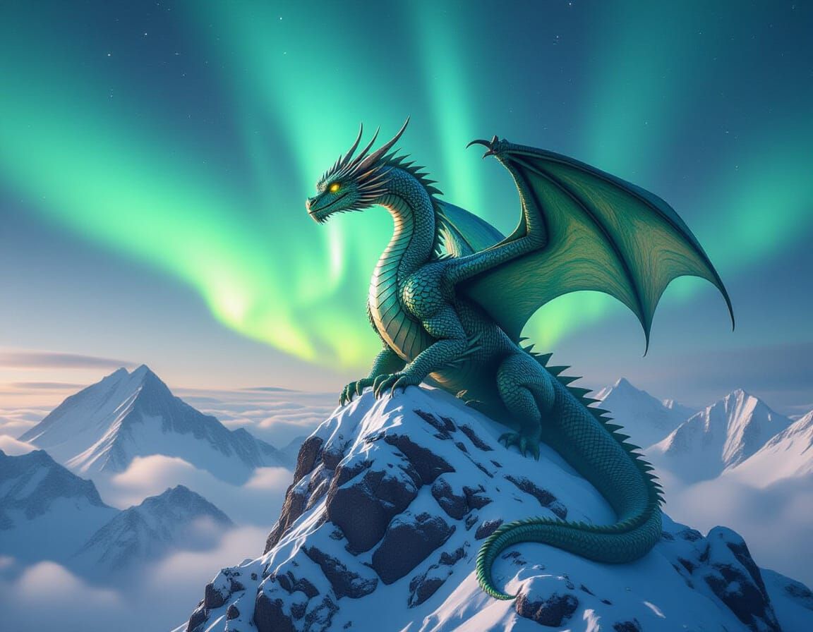 Colossal Ancient Dragon on Snowy Peak Under Aurora