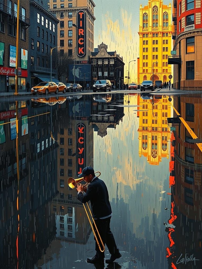 Trombonist on Neon Street Corner in Art Deco Cityscape