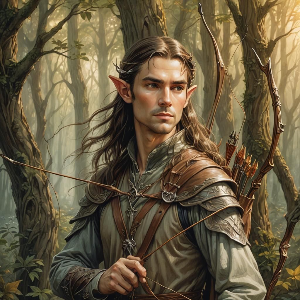 Elven Archer in Mystical Forest: Fantasy Illustration