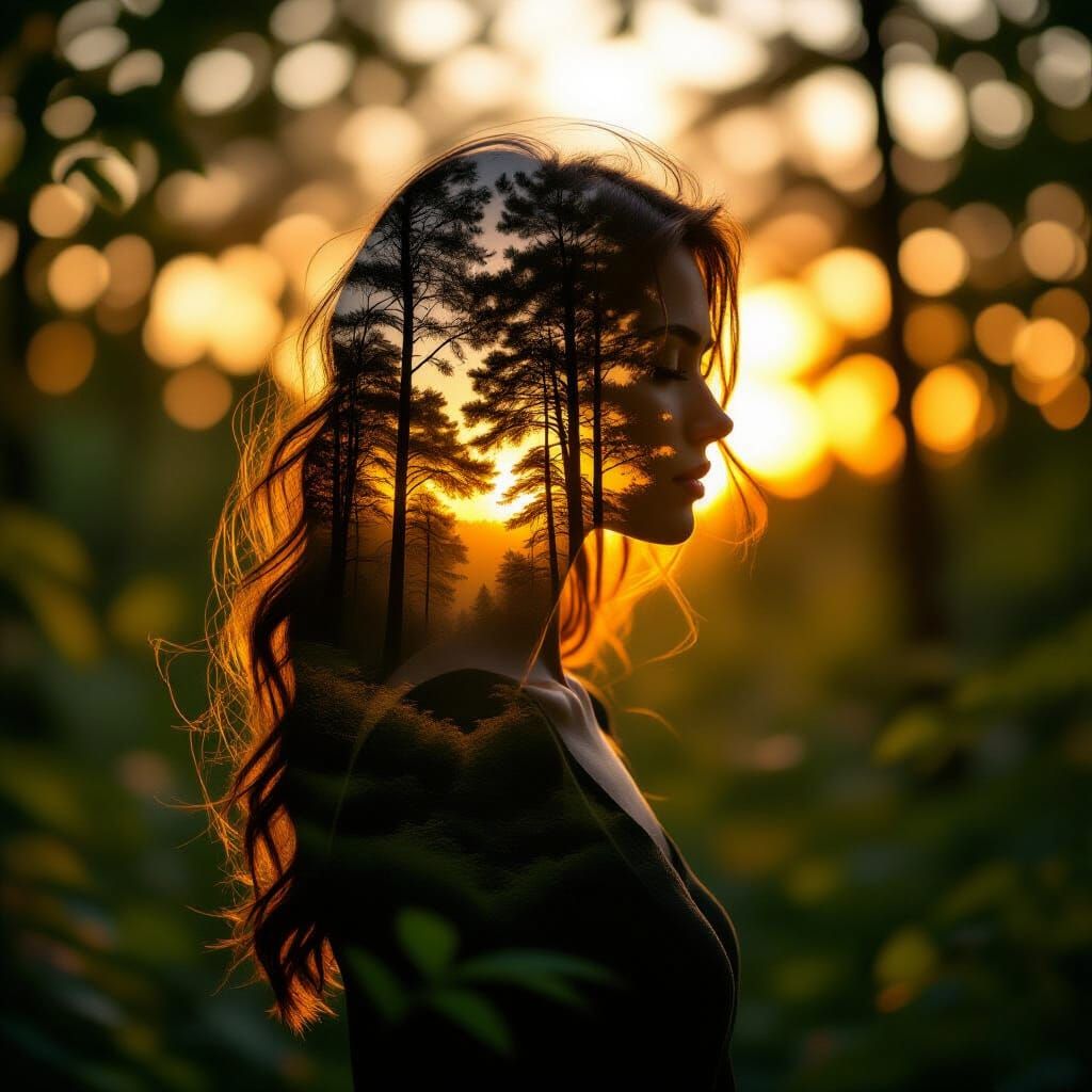 Woman Silhouette Blends With Sunset Forest Landscape