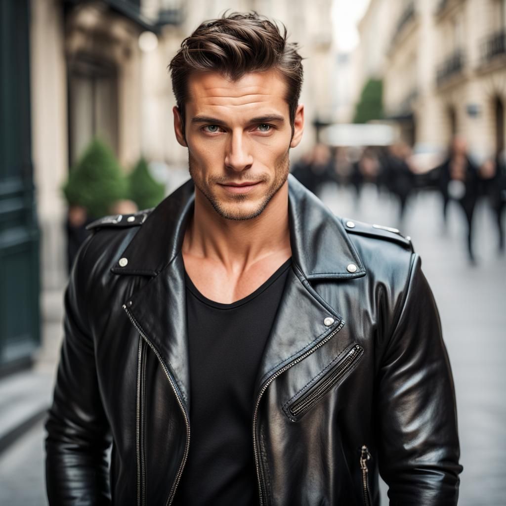 Handsome Man in Paris Wearing Leather Jacket