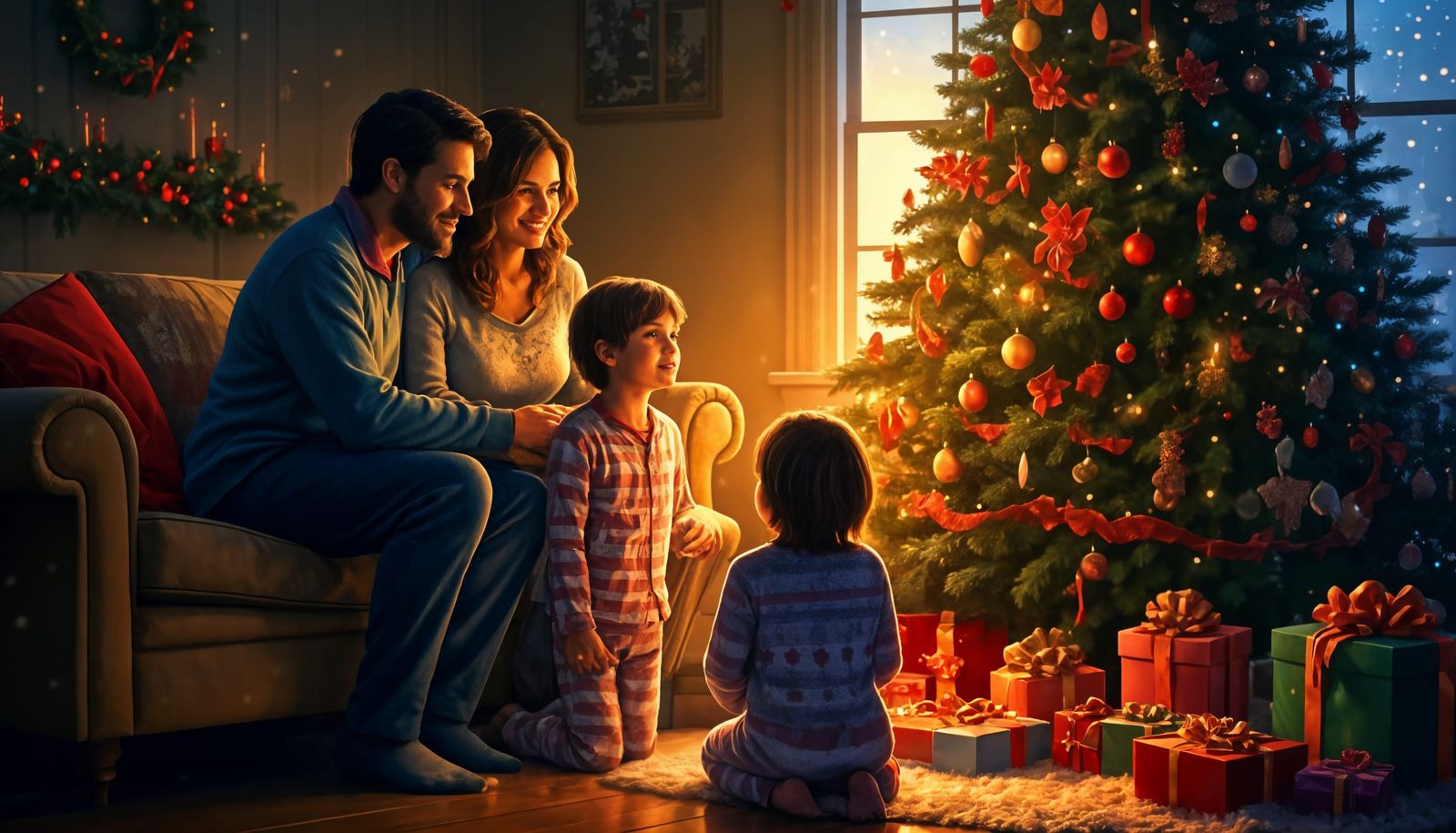 A Family's Christmas Morning Joy in Vibrant Colors