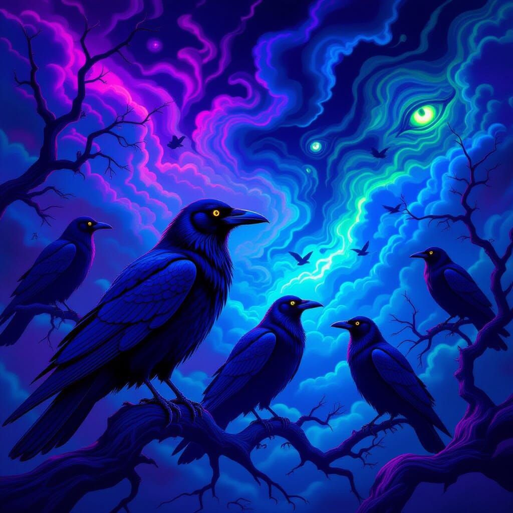 Neon Crows in a Surreal Psychedelic Landscape