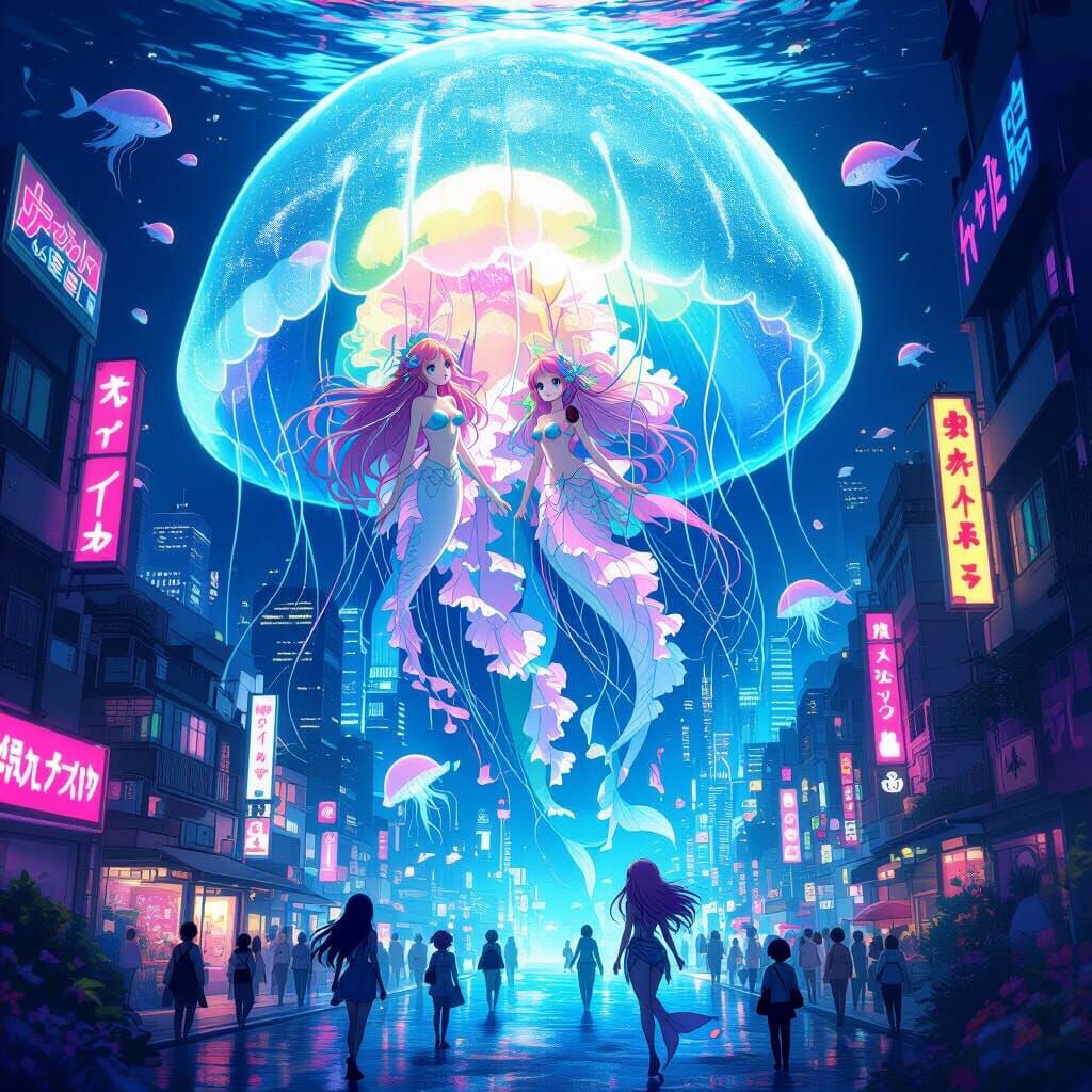 Underwater City Inside Bioluminescent Jellyfish: Anime Key V...