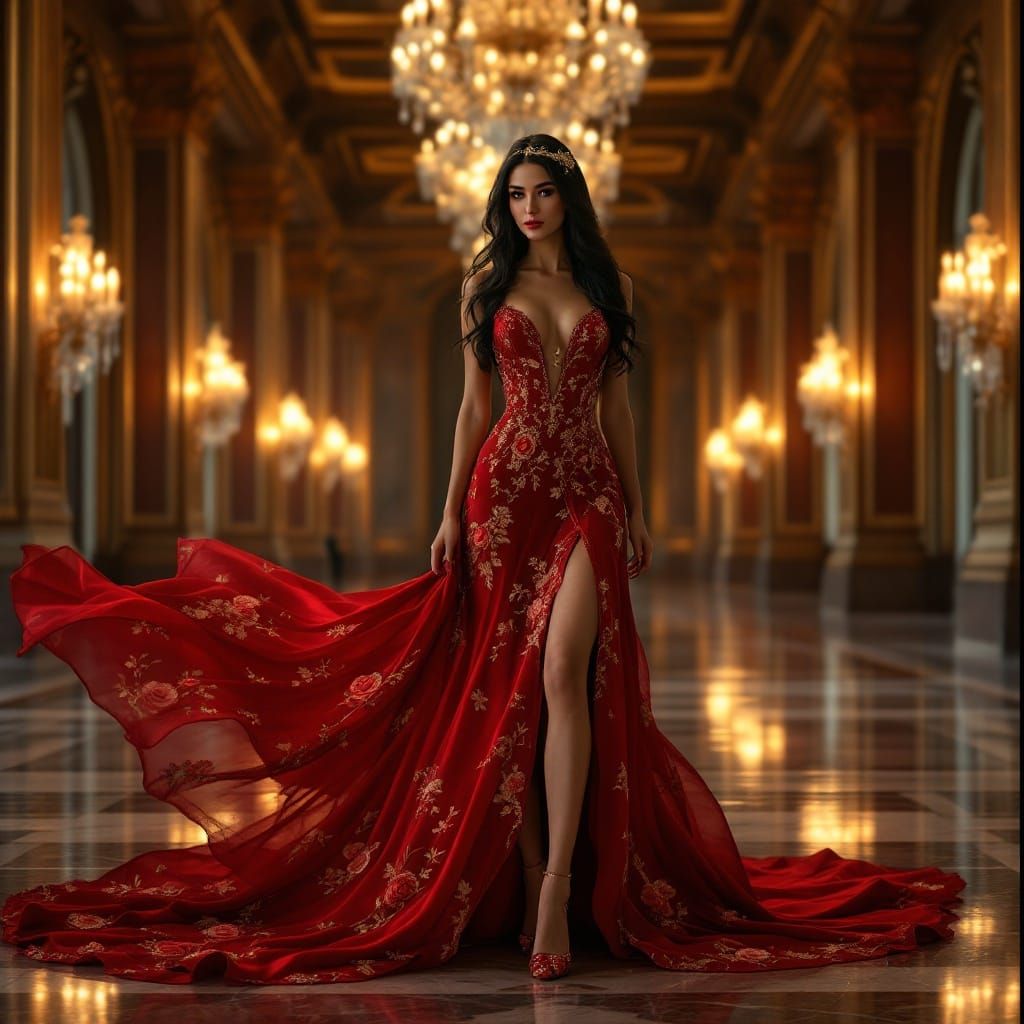 Elegant Woman in Ruby Red Gown, Gold Embroidery, and Lace Fl...