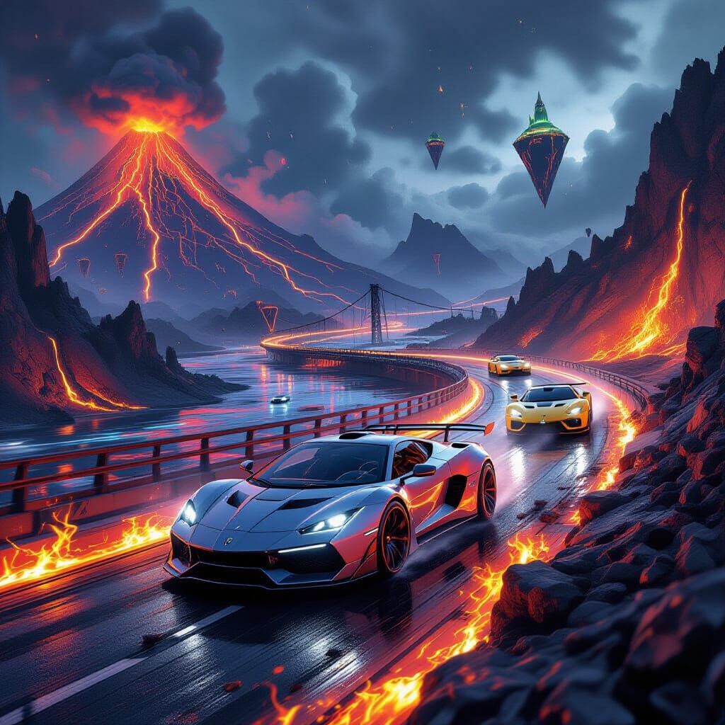Fantasy Car Race Through Extreme Landscapes in Neon Noir