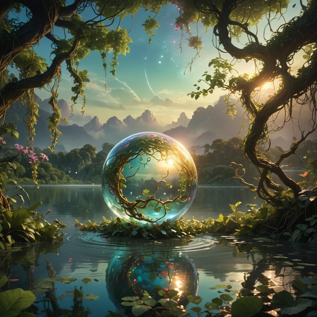 Glowing Orb Above Serene Lake: Fantasy Concept Art