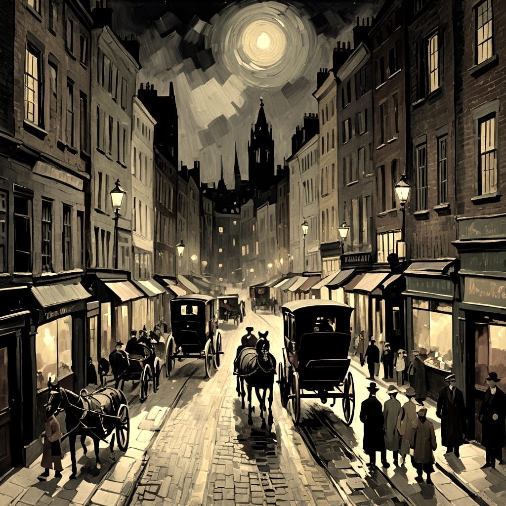 1870s London Night Cityscape in Expressionist Style