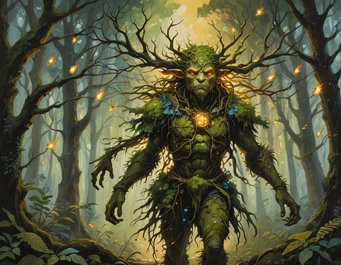 Moss Guardian in Surreal Forest Oil Painting