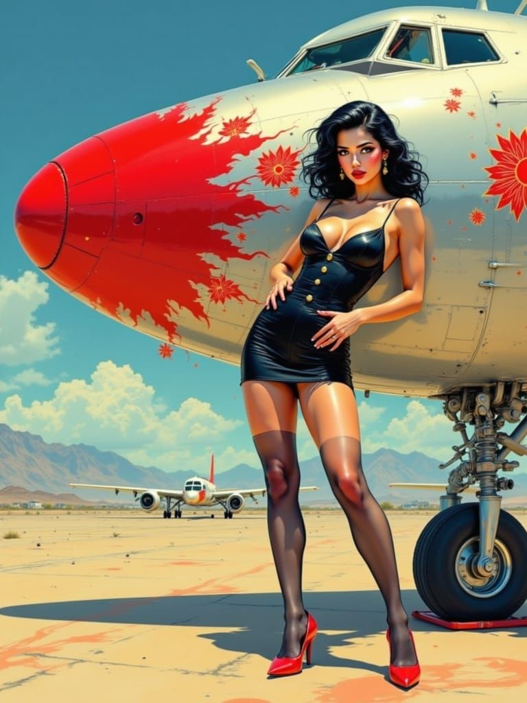 Glamorous Pin-Up Girl Poses with Aircraft in Vintage Airfiel...