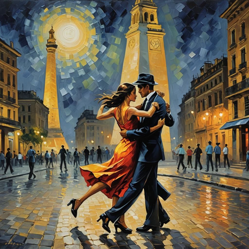 Tango Dancers Under Buenos Aires Moon, Neo-Expressionist Oil...