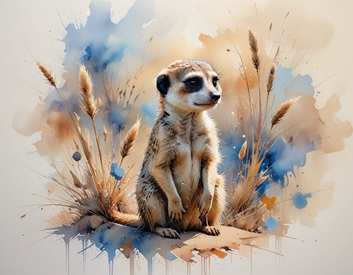 Thoughtful Meerkat in Desert Landscape, Watercolor Splashes