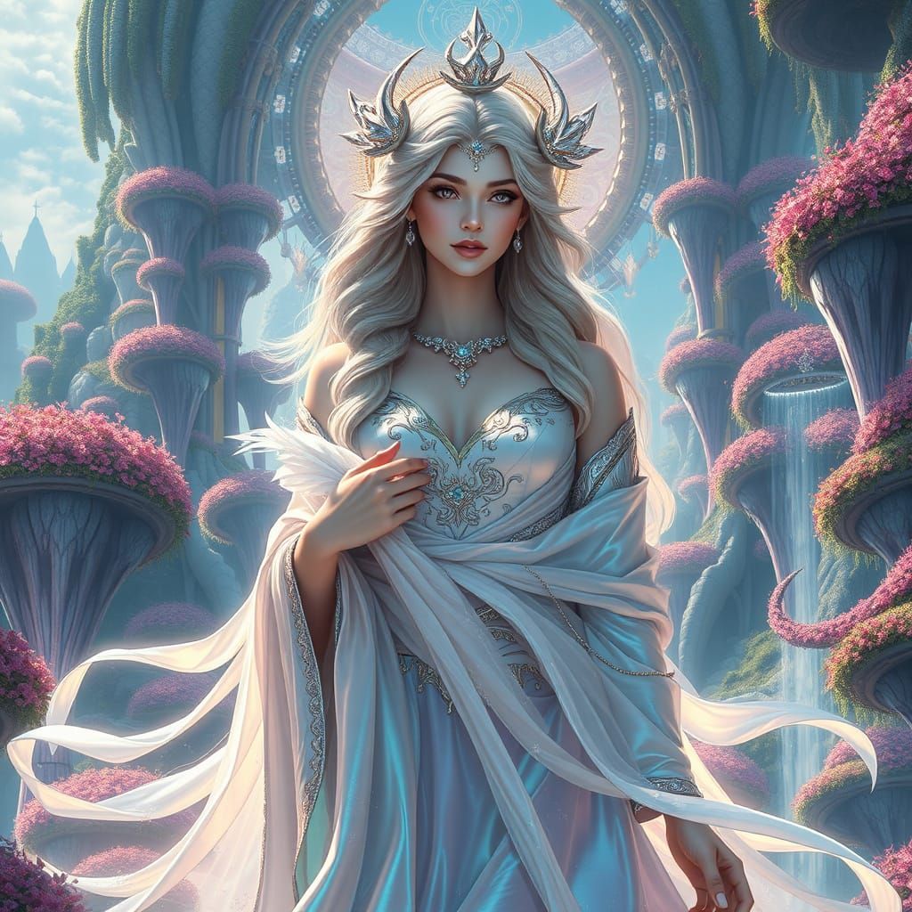 Ethereal Goddess in Iridescent Robes Amidst Dreamlike Landsc...