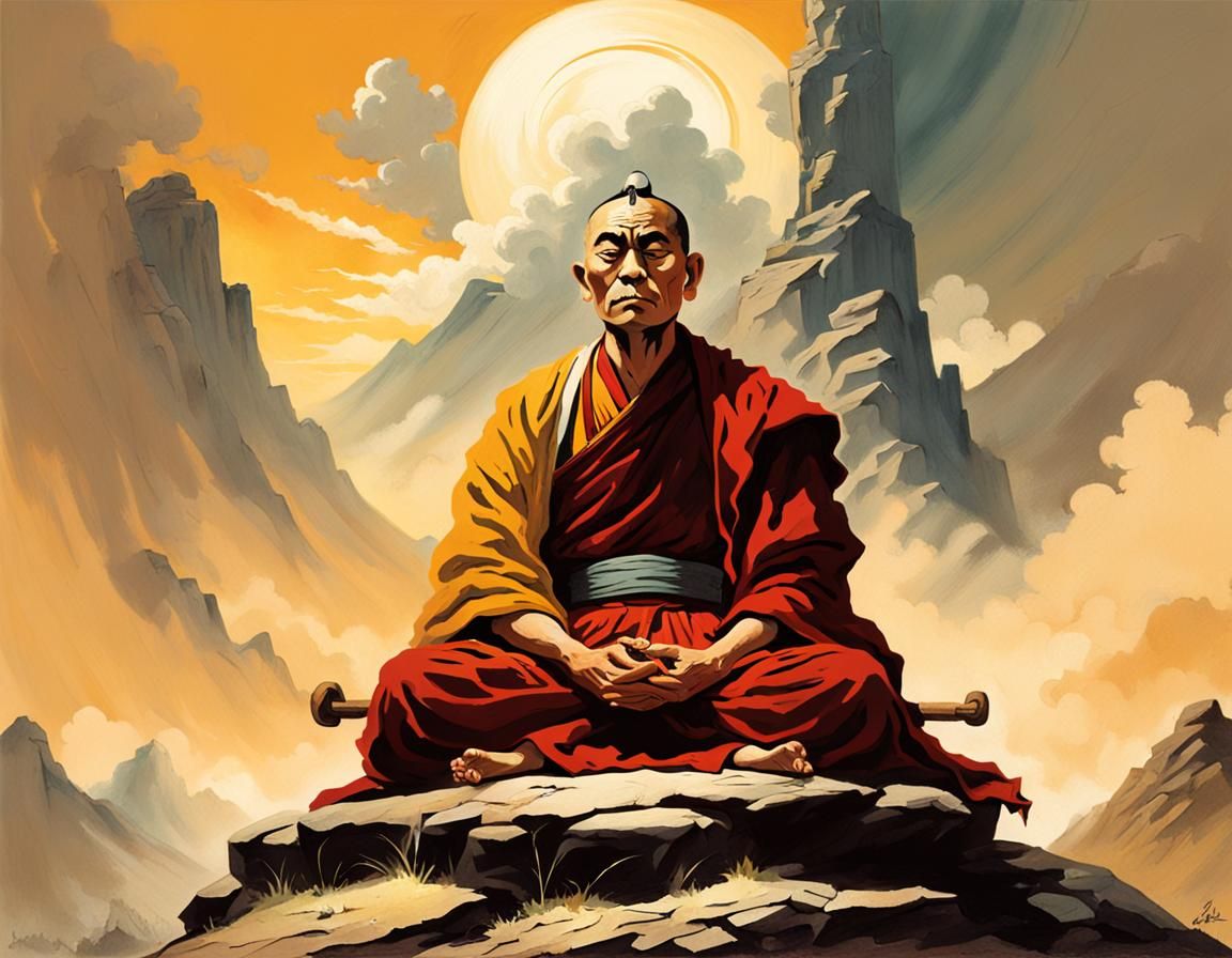 Tibetan monk meditating / frank frazetta style