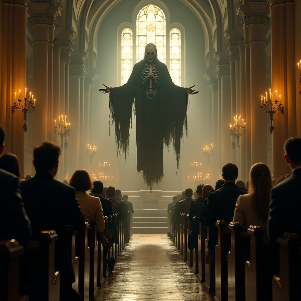 Solemn Worshipers in a Haunting Christian Church Scene