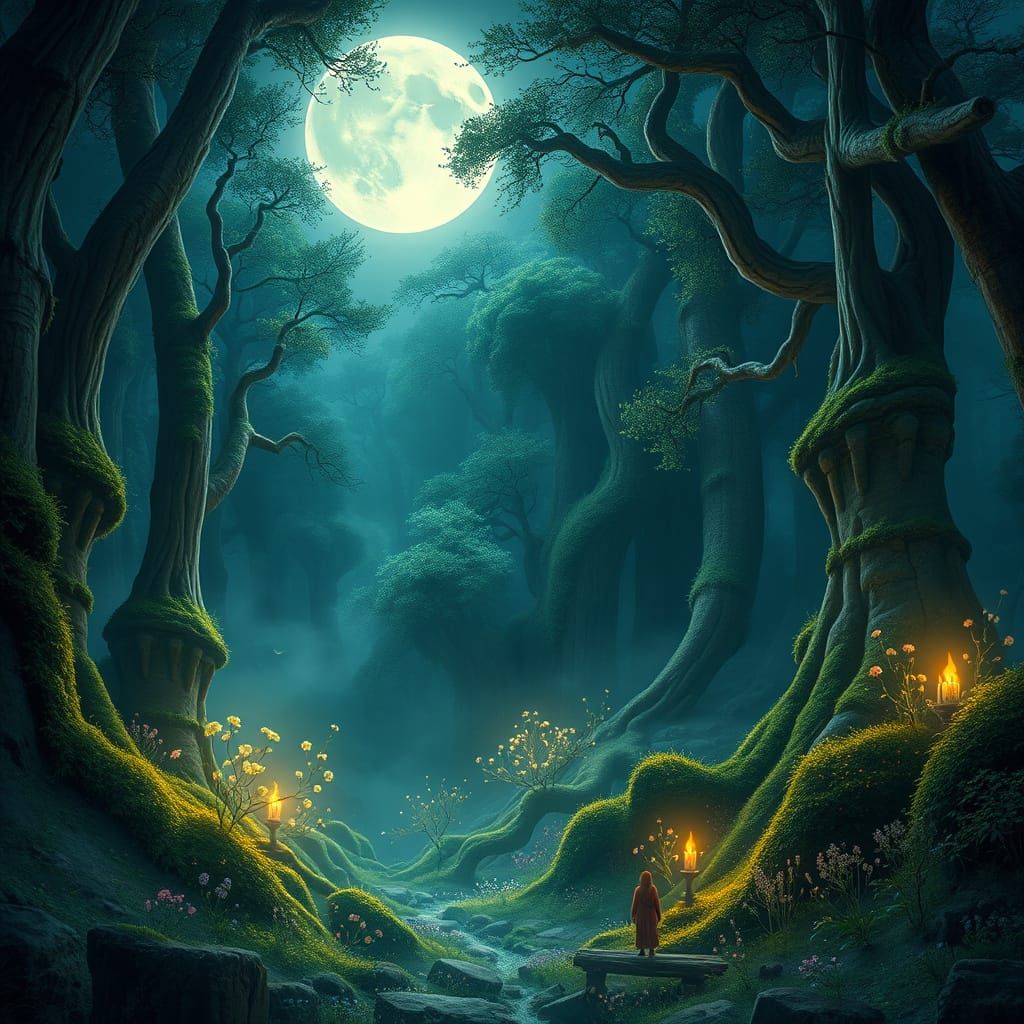 Mystical Moonlight Forest Clearing with Glowing Flora