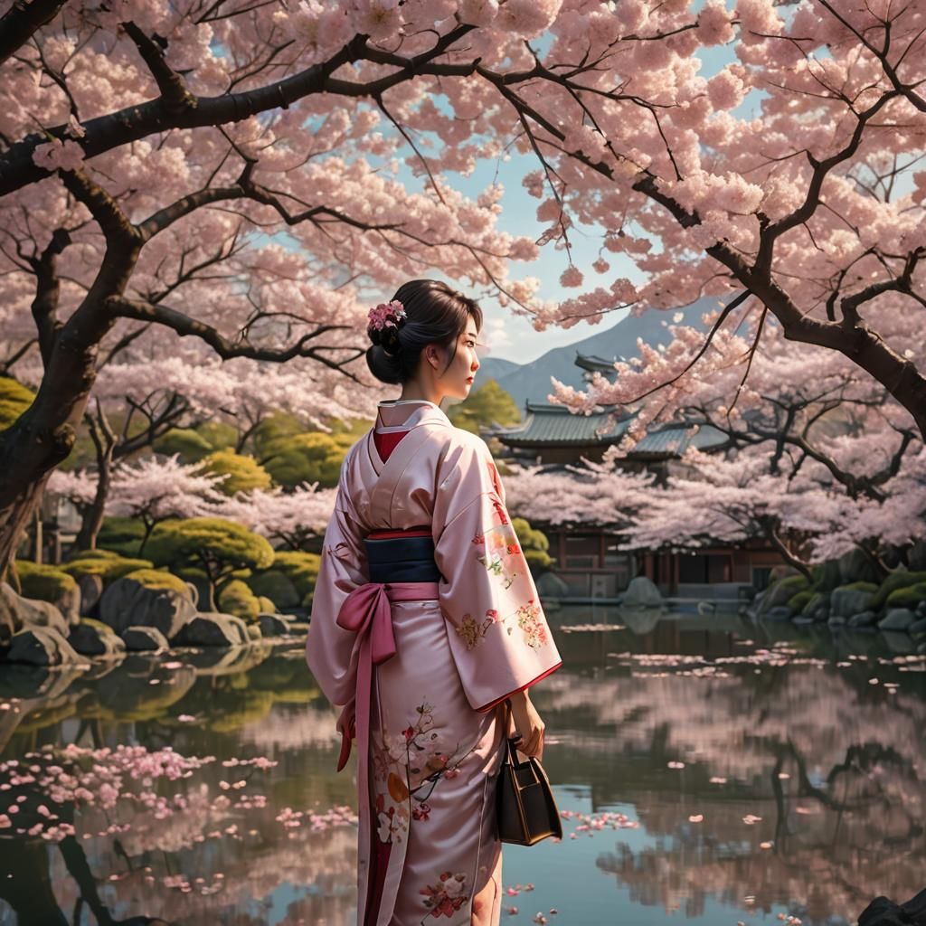 Woman in Kimono Surrounded by Cherry Blossoms