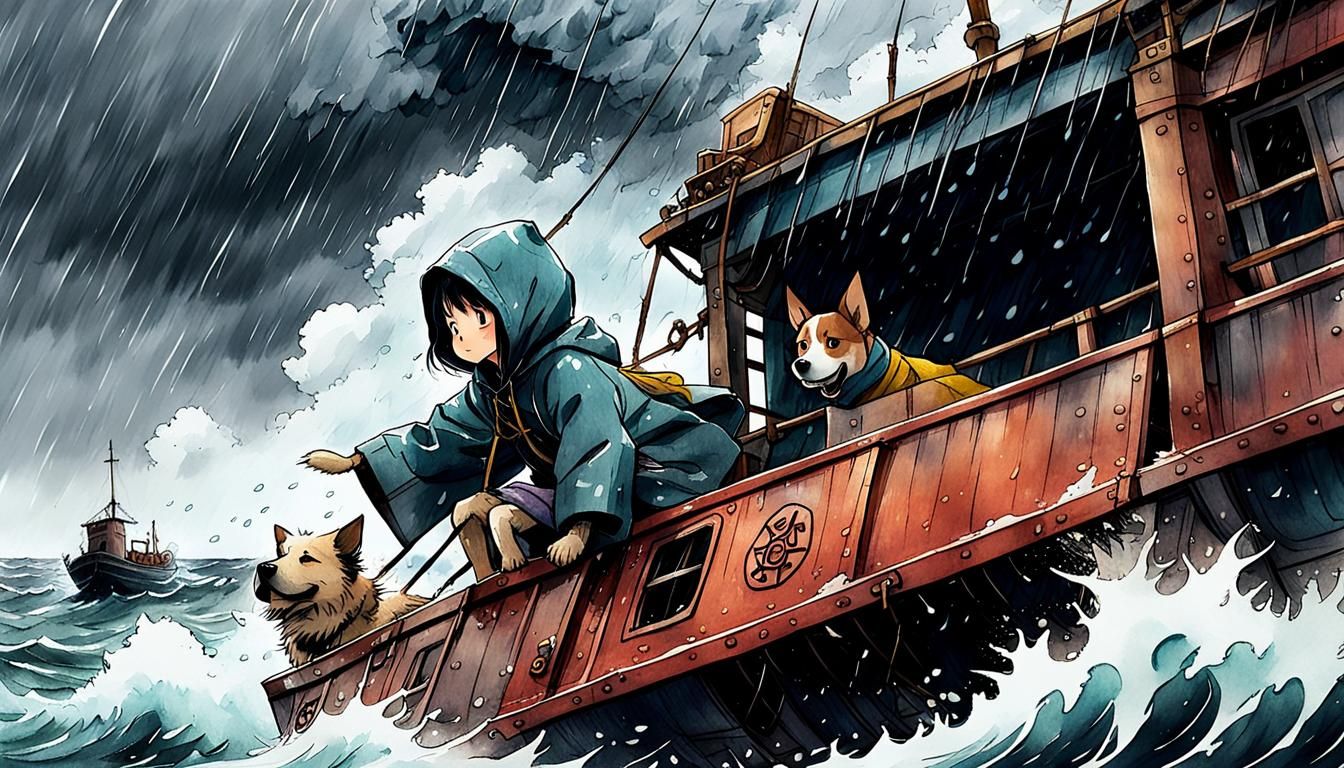 Anime-Inspired Barge Adventure on Stormy Seas