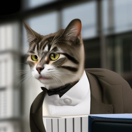 Cat in Suit with Office Building Backdrop