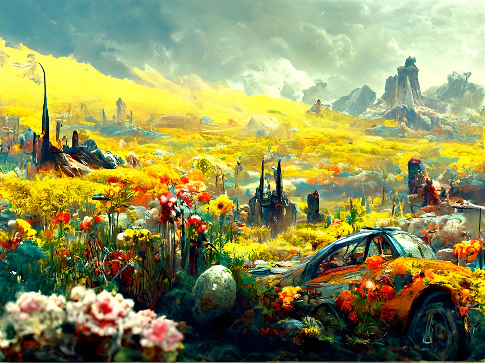 Post-Apocalyptic Desert Superbloom in Hyperreal Landscape