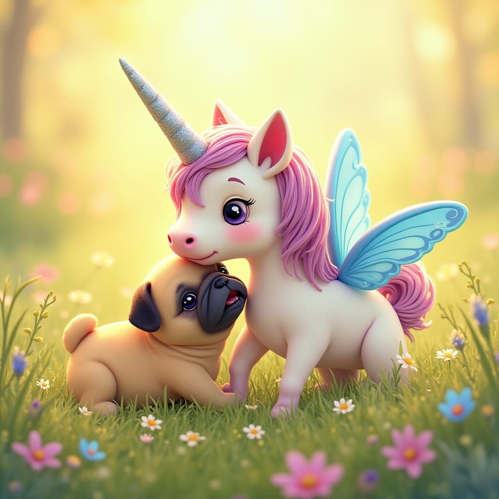 Whimsical Rainbow Unicorn Cuddles Pug in Vibrant Floral Mead...
