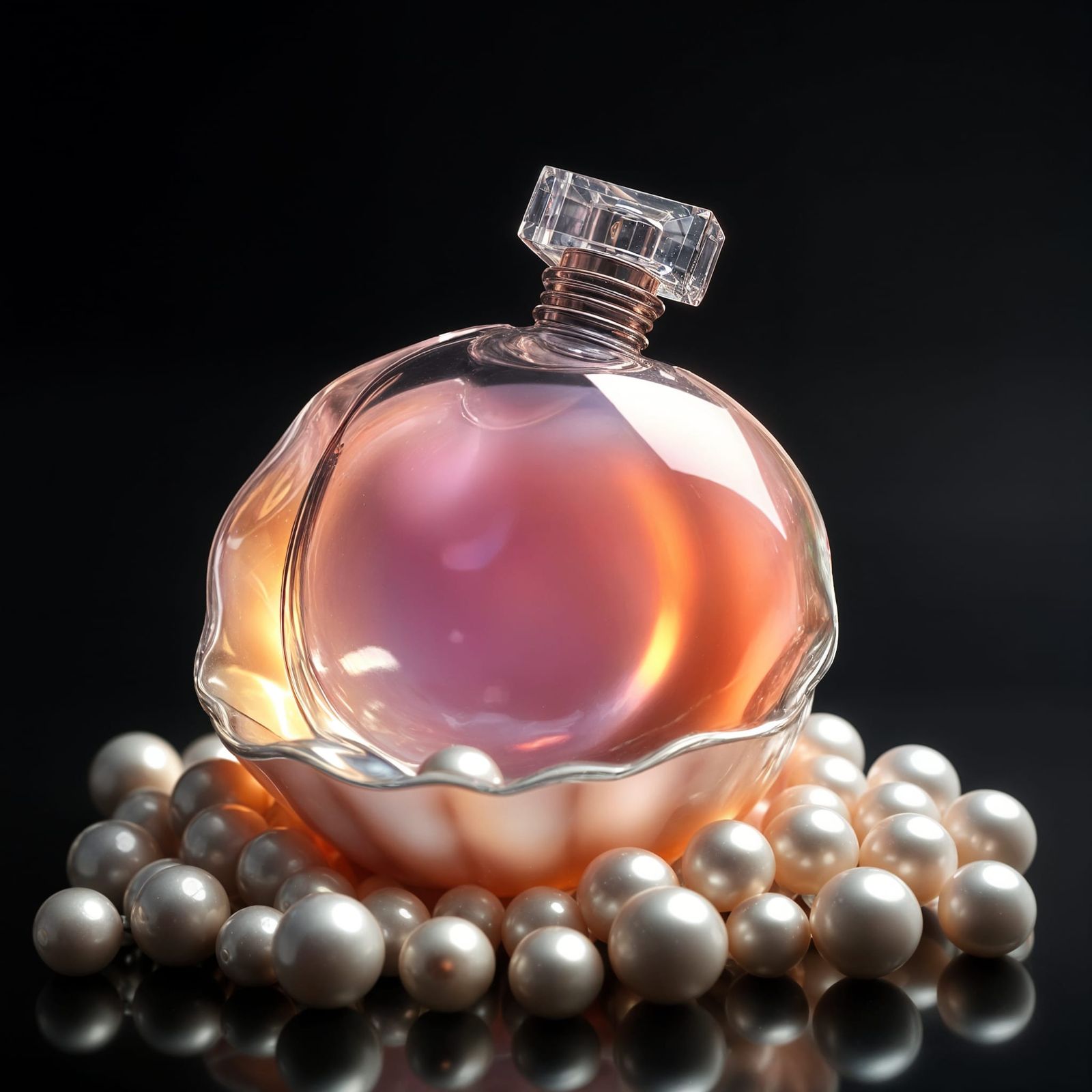 Iridescent Seashell Perfume Bottle on Shimmering Pearls