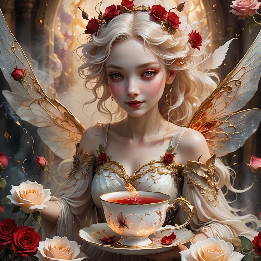 Fairy with Rose Tea in Iridescent Cup