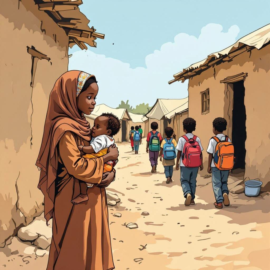 Sudanese Refugee Girl Illustration in Cartoon Style