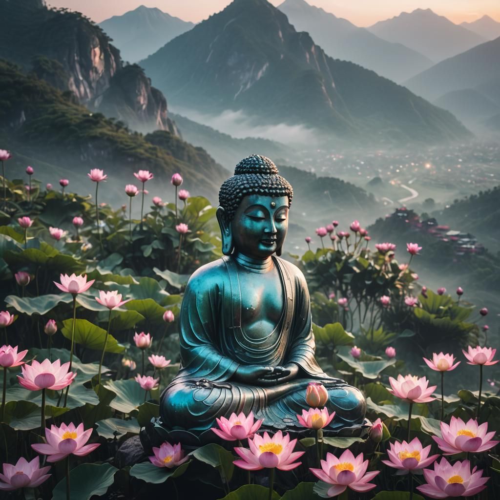 Iridescent Buddha Statue on Mountain Peak at Dusk