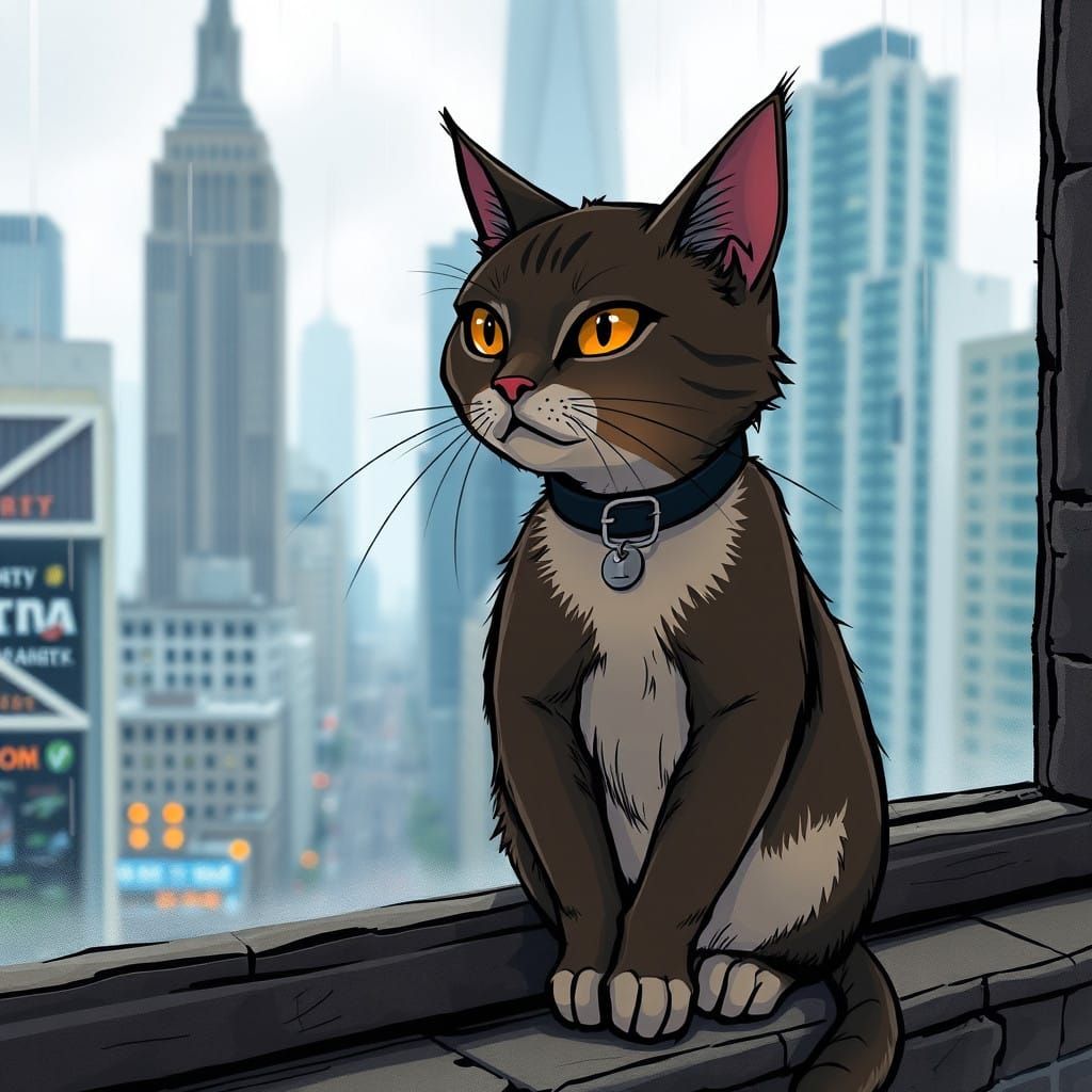 Melancholic Feline in Cityscape, in Mark Brooks-Style Comic...