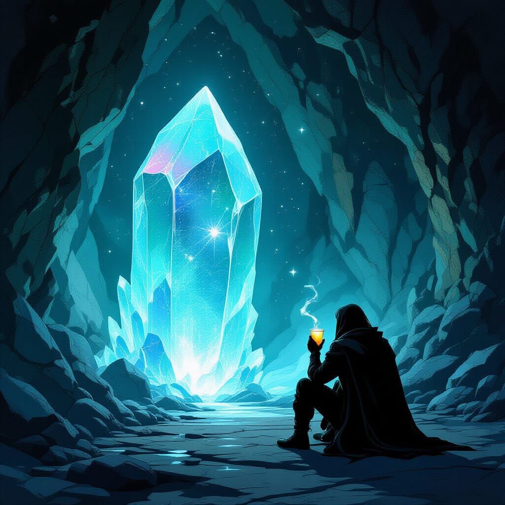 Traveler Sips Glowing Drink in Crystal Tavern