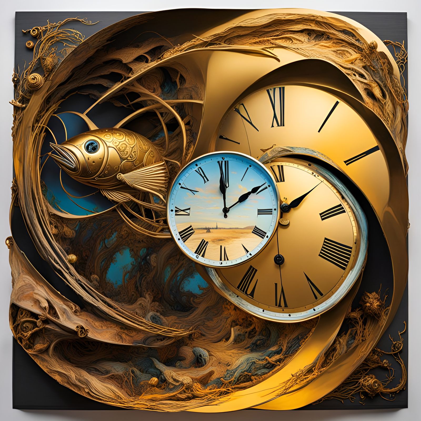 Surreal Melting Clocks in Dreamlike Landscape