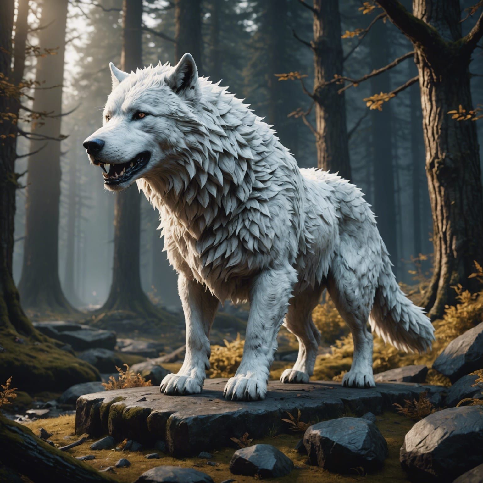 White Female Dire Wolf in Detailed Matte Painting