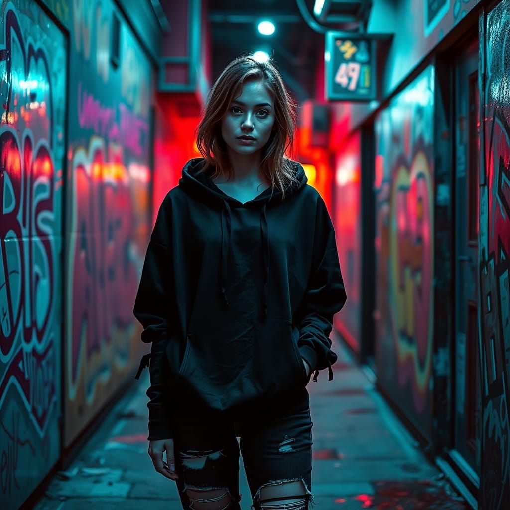Mysterious Urban Outcast in Neon-Lit Alleyway