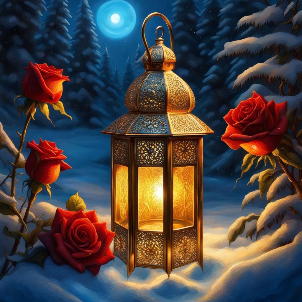 Moroccan Lantern Illuminates Winter Forest: Oil Painting