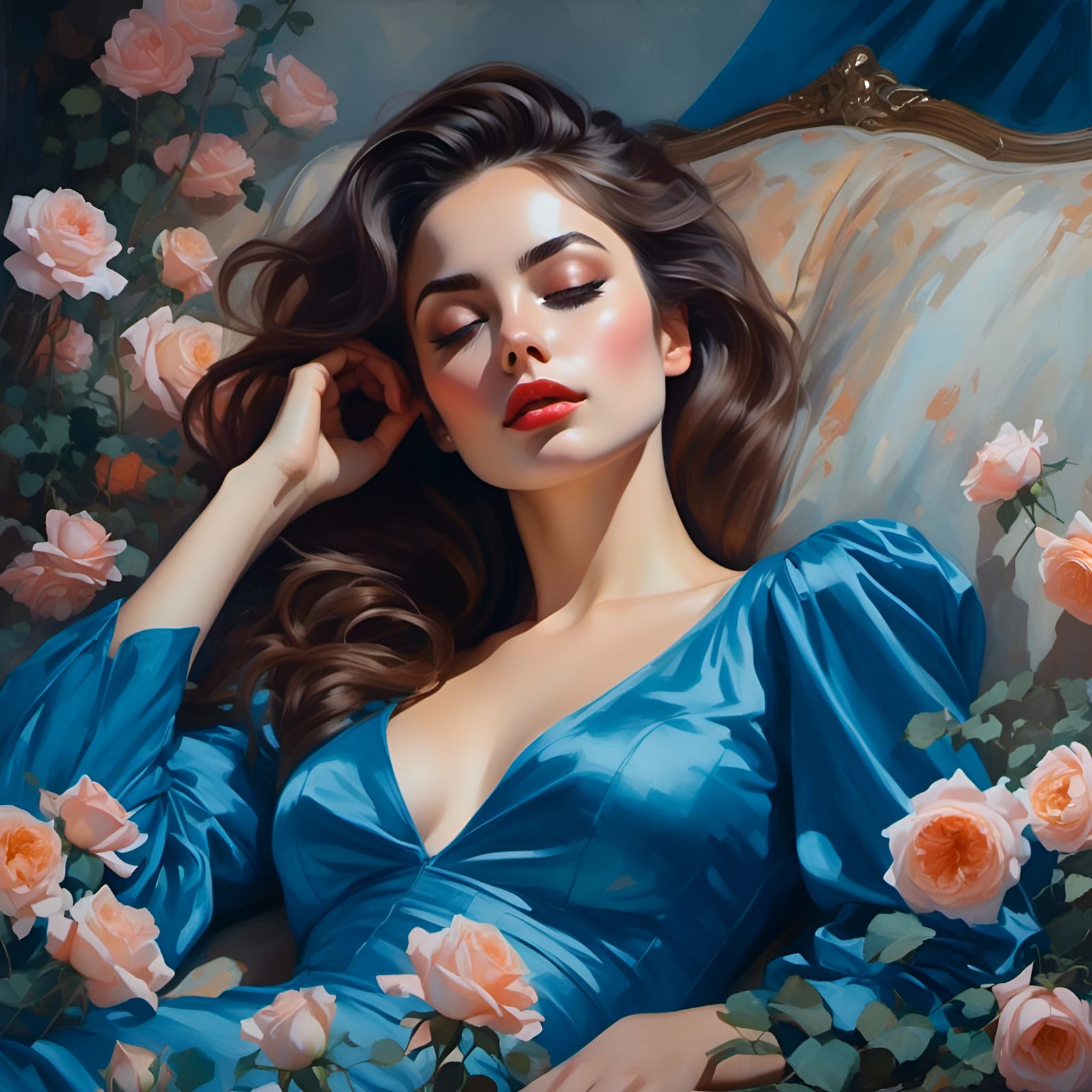 Woman in Roses: Fantastical Oil Painting