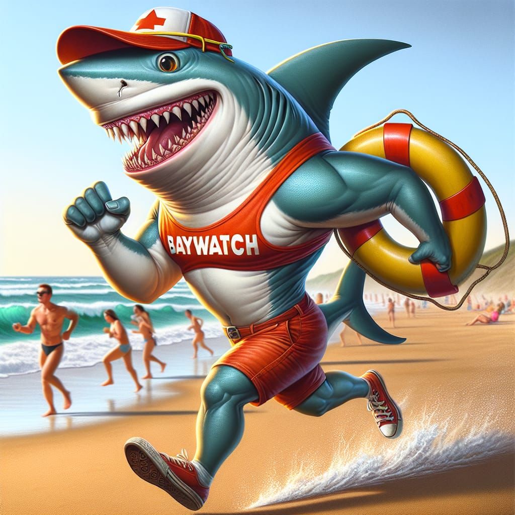 Shark Lifeguard on Beach as Renaissance Painting