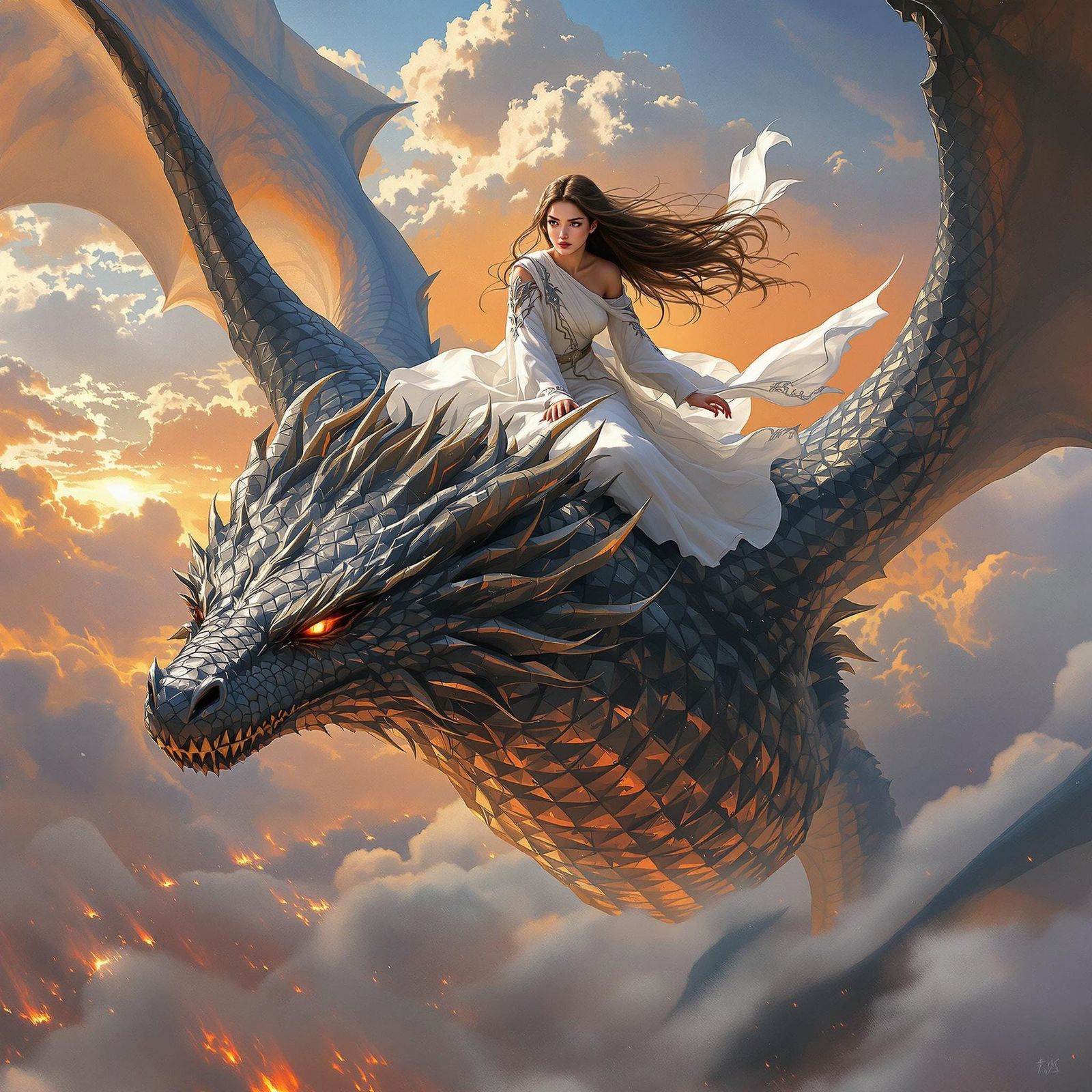 Girl Riding Dragon in Fiery Sky as Digital Painting